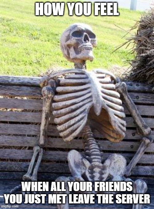 Waiting Skeleton | HOW YOU FEEL; WHEN ALL YOUR FRIENDS YOU JUST MET LEAVE THE SERVER | image tagged in memes,waiting skeleton | made w/ Imgflip meme maker