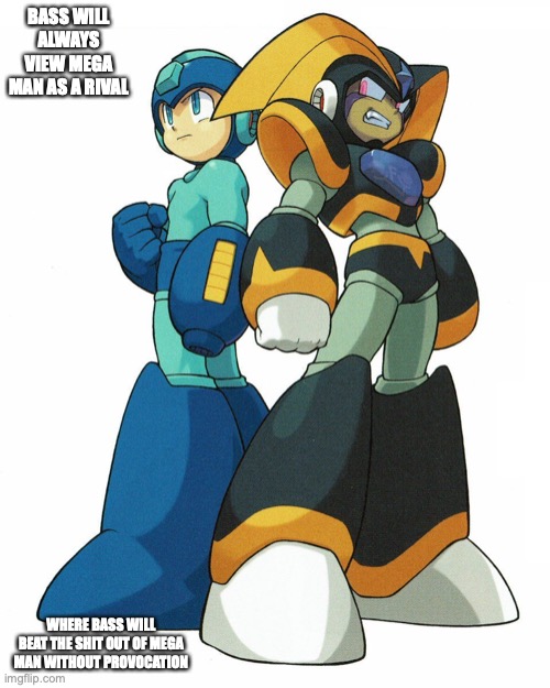 Mega Man and Bass | BASS WILL ALWAYS VIEW MEGA MAN AS A RIVAL; WHERE BASS WILL BEAT THE SHIT OUT OF MEGA MAN WITHOUT PROVOCATION | image tagged in bass,megaman,memes | made w/ Imgflip meme maker