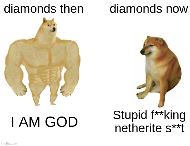 minecraft in a nutshell. | diamonds then; diamonds now; I AM GOD; Stupid f**king netherite s**t | image tagged in memes,buff doge vs cheems,minecraft,diamonds,diamond,netherite | made w/ Imgflip meme maker