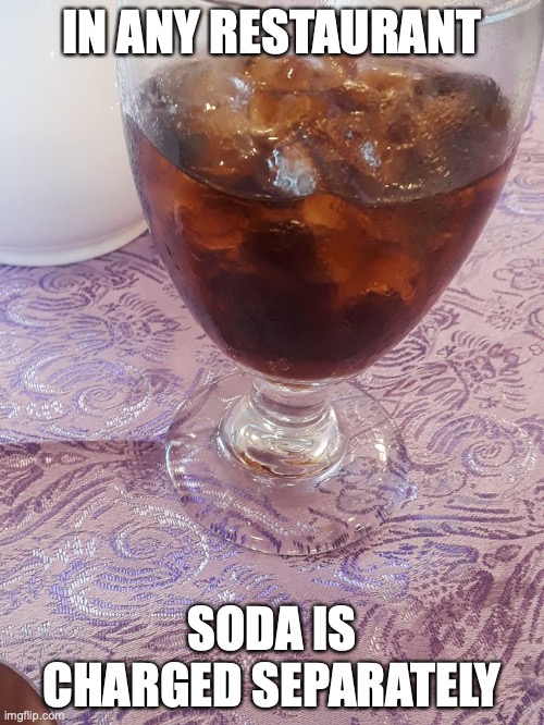 Glass of Coke | IN ANY RESTAURANT; SODA IS CHARGED SEPARATELY | image tagged in coke,memes,soda | made w/ Imgflip meme maker
