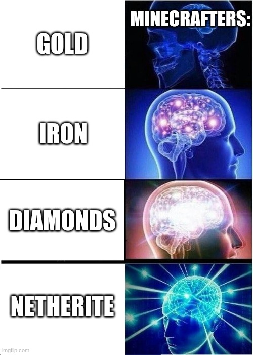 Minecrafters today | MINECRAFTERS:; GOLD; IRON; DIAMONDS; NETHERITE | image tagged in memes,expanding brain | made w/ Imgflip meme maker