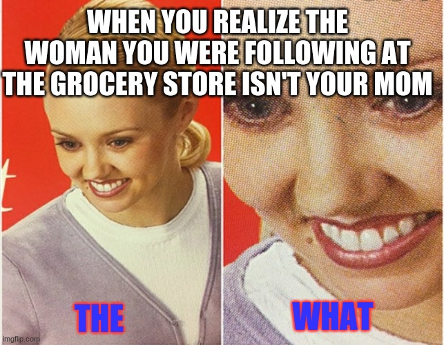 Panik | WHEN YOU REALIZE THE WOMAN YOU WERE FOLLOWING AT THE GROCERY STORE ISN'T YOUR MOM; WHAT; THE | image tagged in wait what | made w/ Imgflip meme maker