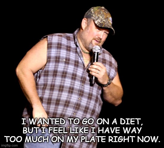 daily bad dad joke 05/05/2021 | I WANTED TO GO ON A DIET, BUT I FEEL LIKE I HAVE WAY TOO MUCH ON MY PLATE RIGHT NOW. | image tagged in larry the cable guy | made w/ Imgflip meme maker