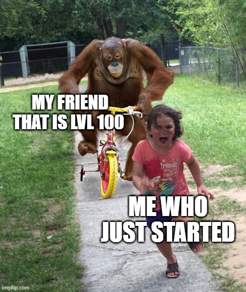 Lol Idk | MY FRIEND THAT IS LVL 100; ME WHO JUST STARTED | image tagged in orangutan chasing girl on a tricycle | made w/ Imgflip meme maker