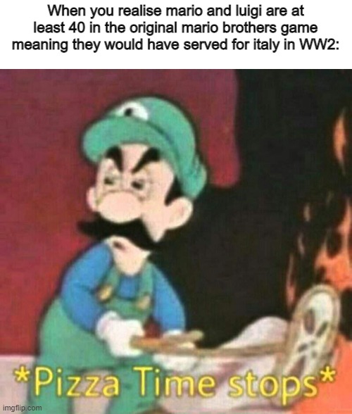 *pizza time stops* | When you realise mario and luigi are at least 40 in the original mario brothers game meaning they would have served for italy in WW2: | image tagged in pizza time stops | made w/ Imgflip meme maker