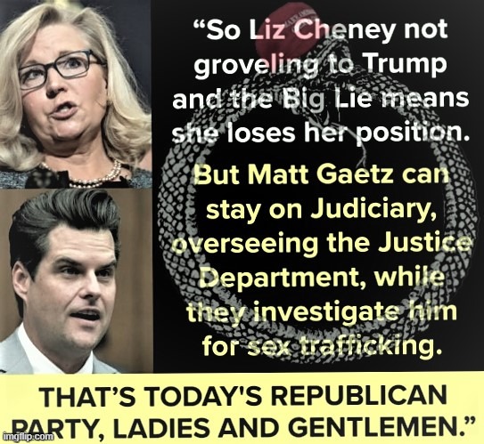 [and the movement continues to eat its own] | image tagged in liz cheney vs matt gaetz,maga,republicans,republican party | made w/ Imgflip meme maker