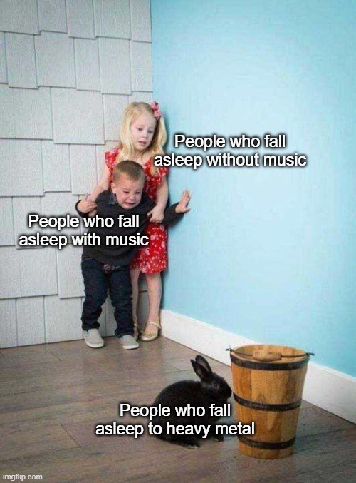How do they do that? | People who fall asleep without music; People who fall asleep with music; People who fall asleep to heavy metal | image tagged in bunny,heavy metal,music,sleep | made w/ Imgflip meme maker