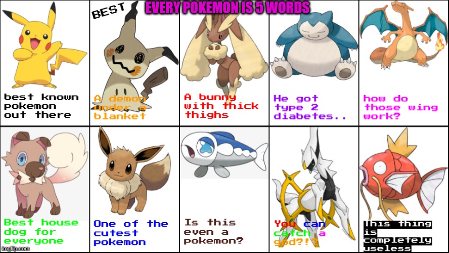 title :P | EVERY POKEMON IS 5 WORDS | image tagged in pokemon,furries | made w/ Imgflip meme maker