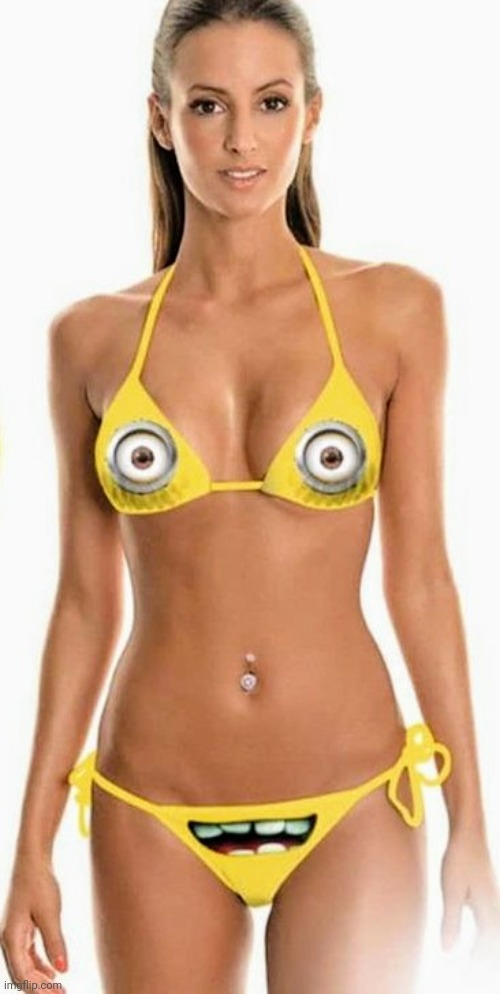 I could put this in Cursed Images | image tagged in excited minions,creepy,well yes but actually no,bikini,day at the beach | made w/ Imgflip meme maker