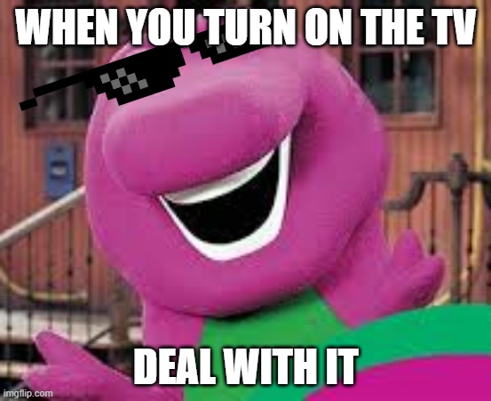 barney got wild | WHEN YOU TURN ON THE TV; DEAL WITH IT | image tagged in meme | made w/ Imgflip meme maker