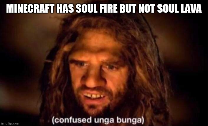 This is true... | MINECRAFT HAS SOUL FIRE BUT NOT SOUL LAVA | image tagged in confused unga bunga,minecraft | made w/ Imgflip meme maker