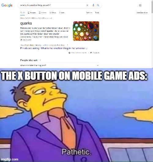 smallest thing ever. | THE X BUTTON ON MOBILE GAME ADS: | image tagged in skinner pathetic | made w/ Imgflip meme maker