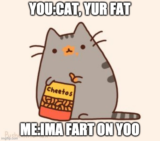 pusheen stole the cheetos | YOU:CAT, YUR FAT; ME:IMA FART ON YOO | image tagged in pusheen stole the cheetos | made w/ Imgflip meme maker