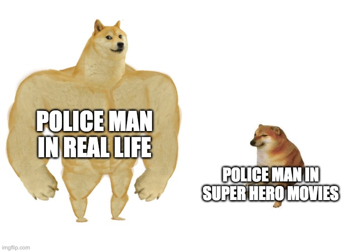 Trust me My youth paster Is a cop and he is ripped | POLICE MAN IN REAL LIFE; POLICE MAN IN SUPER HERO MOVIES | image tagged in big dog small dog | made w/ Imgflip meme maker