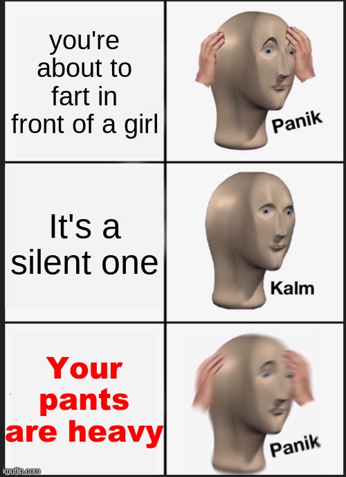 Panik Kalm Panik | you're about to fart in front of a girl; It's a silent one; Your pants are heavy | image tagged in memes,panik kalm panik | made w/ Imgflip meme maker