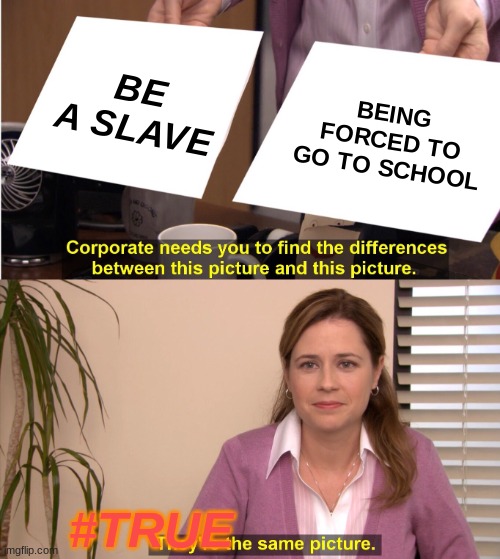 They're The Same Picture | BE A SLAVE; BEING FORCED TO GO TO SCHOOL; #TRUE | image tagged in memes,they're the same picture | made w/ Imgflip meme maker