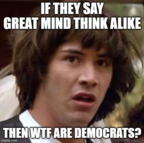 Conspiracy Keanu Meme | IF THEY SAY GREAT MIND THINK ALIKE; THEN WTF ARE DEMOCRATS? | image tagged in memes,conspiracy keanu | made w/ Imgflip meme maker