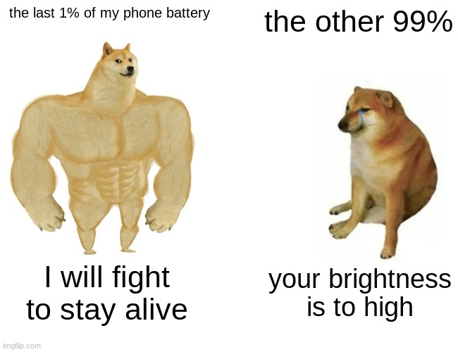 he will get you to the charger | the last 1% of my phone battery; the other 99%; I will fight to stay alive; your brightness is to high | image tagged in memes,buff doge vs cheems,iphone,funny,funny memes,battery | made w/ Imgflip meme maker