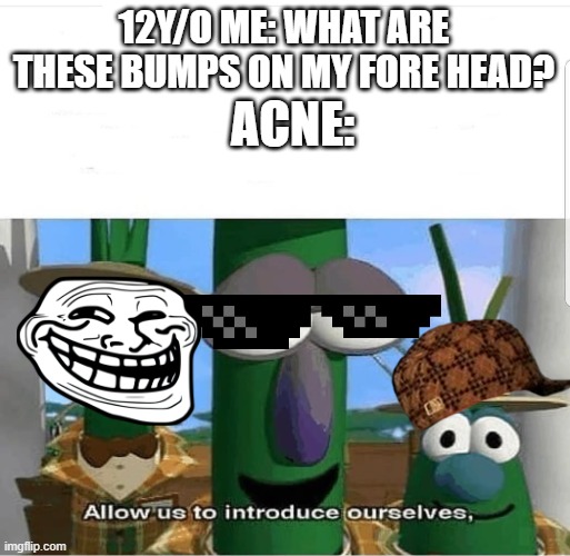 Vegetales Allow us to introduce ourselves | 12Y/O ME: WHAT ARE THESE BUMPS ON MY FORE HEAD? ACNE: | image tagged in allow us to introduce ourselves | made w/ Imgflip meme maker