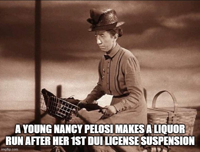 Old Lady Oz | A YOUNG NANCY PELOSI MAKES A LIQUOR RUN AFTER HER 1ST DUI LICENSE SUSPENSION | image tagged in old lady oz | made w/ Imgflip meme maker