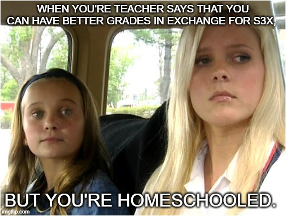 WHEN YOU'RE TEACHER SAYS THAT YOU CAN HAVE BETTER GRADES IN EXCHANGE FOR S3X, BUT YOU'RE HOMESCHOOLED. | image tagged in funny | made w/ Imgflip meme maker