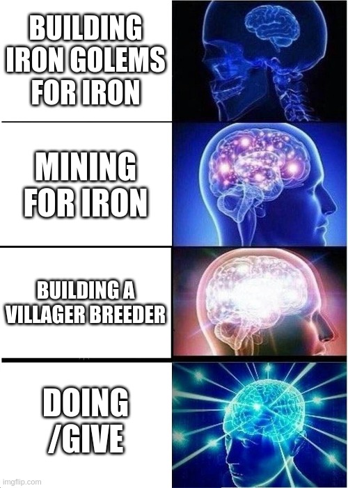 Expanding Brain Meme | BUILDING IRON GOLEMS FOR IRON; MINING FOR IRON; BUILDING A VILLAGER BREEDER; DOING /GIVE | image tagged in memes,expanding brain,minecraft,iron golem,mining,big brain | made w/ Imgflip meme maker