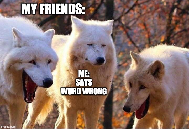 When you say a word wrong | MY FRIENDS:; ME: SAYS WORD WRONG | image tagged in laughing wolf | made w/ Imgflip meme maker