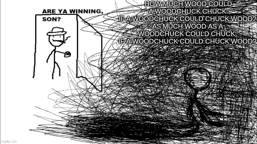 wood? | HOW MUCH WOOD COULD A WOODCHUCK CHUCK
IF A WOODCHUCK COULD CHUCK WOOD?
AS MUCH WOOD AS A WOODCHUCK COULD CHUCK,
IF A WOODCHUCK COULD CHUCK WOOD? | image tagged in are you winning son | made w/ Imgflip meme maker