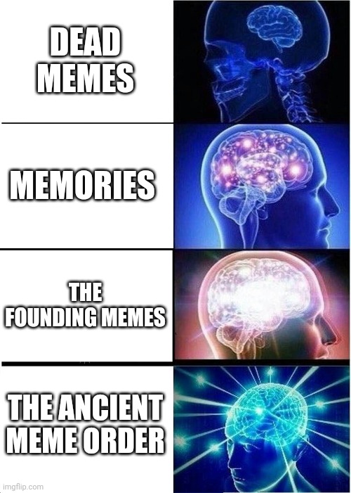 Creative and original title | DEAD MEMES; MEMORIES; THE FOUNDING MEMES; THE ANCIENT MEME ORDER | image tagged in memes,expanding brain | made w/ Imgflip meme maker