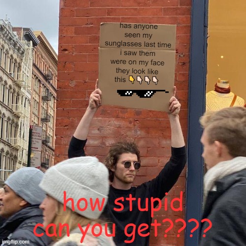 has anyone seen my sunglasses last time i saw them were on my face they look like this 👇👇🏻👇🏻👇🏻; how stupid can you get???? | image tagged in memes,guy holding cardboard sign | made w/ Imgflip meme maker