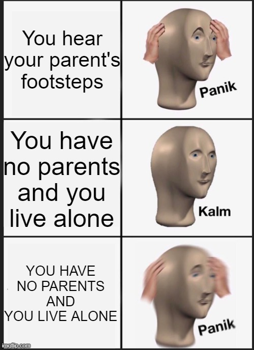 Uh oh | You hear your parent's footsteps; You have no parents and you
live alone; YOU HAVE NO PARENTS AND YOU LIVE ALONE | image tagged in memes,panik kalm panik | made w/ Imgflip meme maker