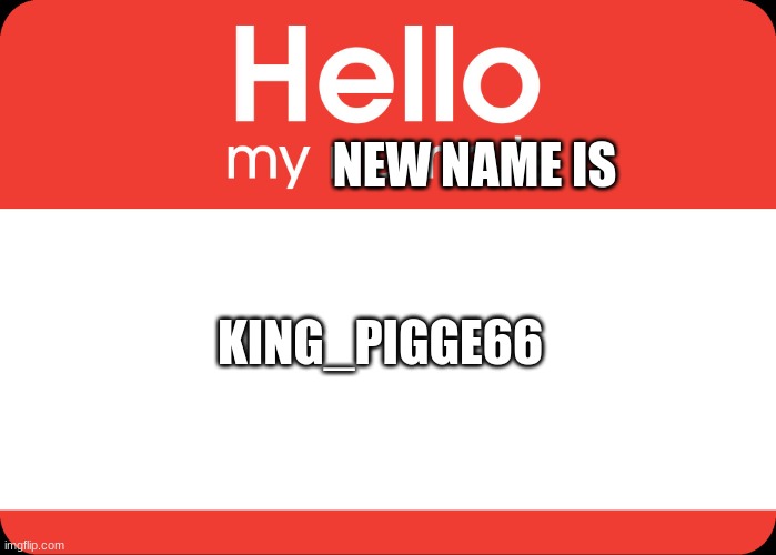 Hello My Name Is | NEW NAME IS; KING_PIGGE66 | image tagged in hello my name is | made w/ Imgflip meme maker