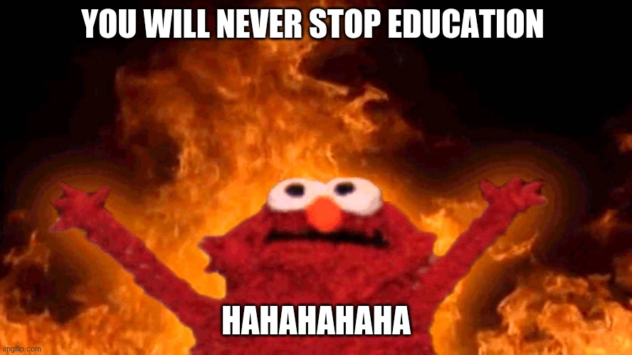 elmo fire | YOU WILL NEVER STOP EDUCATION HAHAHAHAHA | image tagged in elmo fire | made w/ Imgflip meme maker