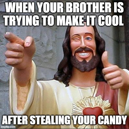 Buddy Christ Meme | WHEN YOUR BROTHER IS TRYING TO MAKE IT COOL; AFTER STEALING YOUR CANDY | image tagged in memes,buddy christ | made w/ Imgflip meme maker