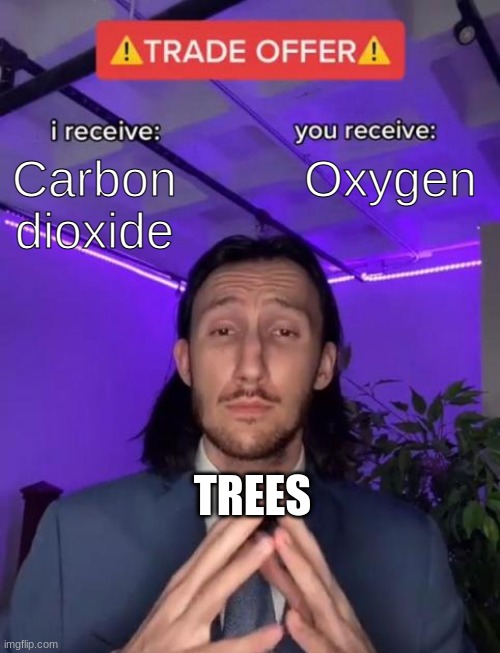 Good deal | Carbon dioxide; Oxygen; TREES | image tagged in trade offer | made w/ Imgflip meme maker