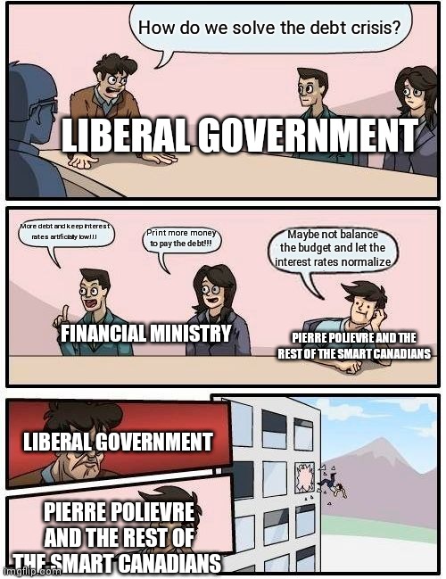 Boardroom Meeting Suggestion Meme | How do we solve the debt crisis? LIBERAL GOVERNMENT; More debt and keep interest rates artificially low!!! Print more money to pay the debt!!! Maybe not balance the budget and let the interest rates normalize; FINANCIAL MINISTRY; PIERRE POLIEVRE AND THE REST OF THE SMART CANADIANS; LIBERAL GOVERNMENT; PIERRE POLIEVRE AND THE REST OF THE SMART CANADIANS | image tagged in memes,boardroom meeting suggestion,ZeducationSubmissions | made w/ Imgflip meme maker