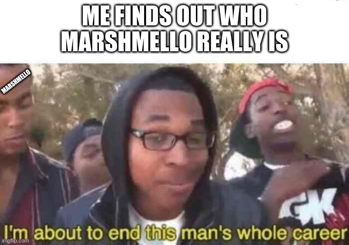 marshmello reveal | ME FINDS OUT WHO MARSHMELLO REALLY IS; MARSHMELLO | image tagged in i'm about to end this man's whole career | made w/ Imgflip meme maker