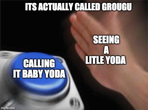 Blank Nut Button | ITS ACTUALLY CALLED GROUGU; SEEING A LITLE YODA; CALLING IT BABY YODA | image tagged in memes,blank nut button | made w/ Imgflip meme maker