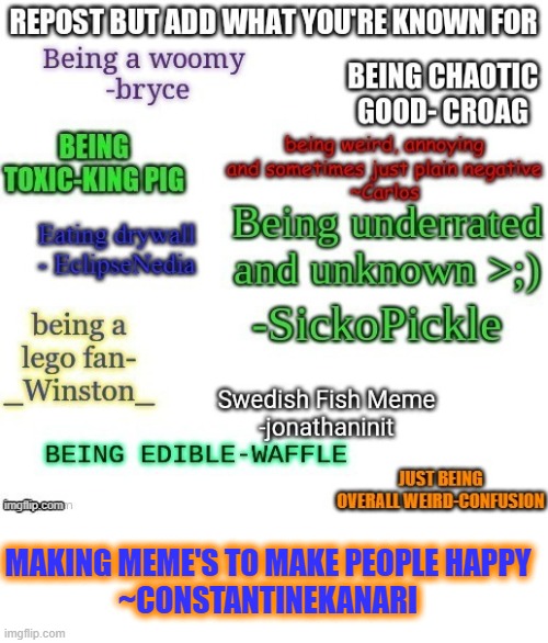 MAKING MEME'S TO MAKE PEOPLE HAPPY
~CONSTANTINEKANARI | made w/ Imgflip meme maker