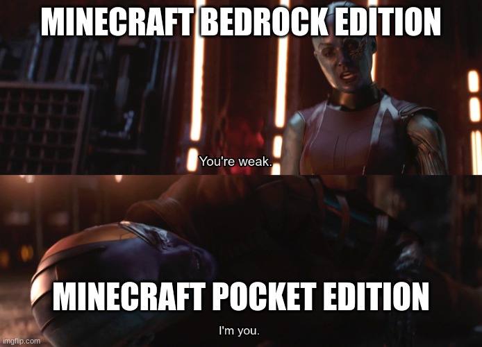 Your weak I’m you | MINECRAFT BEDROCK EDITION; MINECRAFT POCKET EDITION | image tagged in your weak i m you | made w/ Imgflip meme maker