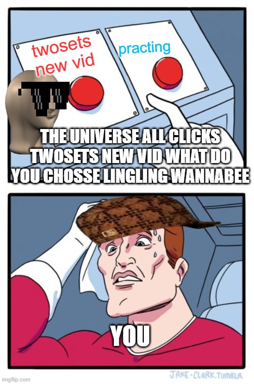 TWOSETTERS CHOSE | practing; twosets new vid; THE UNIVERSE ALL CLICKS TWOSETS NEW VID WHAT DO YOU CHOSSE LINGLING WANNABEE; YOU | image tagged in memes,two buttons | made w/ Imgflip meme maker