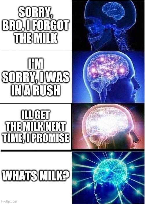 Expanding Brain | SORRY, BRO, I FORGOT THE MILK; I'M SORRY, I WAS IN A RUSH; ILL GET THE MILK NEXT TIME, I PROMISE; WHATS MILK? | image tagged in memes,expanding brain | made w/ Imgflip meme maker