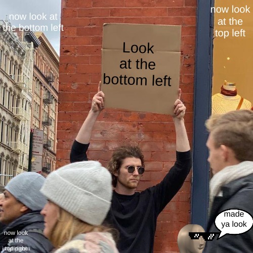 -insert image title- | now look at the bottom left; now look at the top left; Look at the bottom left; made ya look; now look at the top right | image tagged in memes,guy holding cardboard sign | made w/ Imgflip meme maker