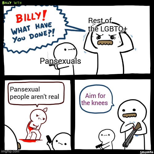 Pans | Rest of the LGBTQ+; Pansexuals; Pansexual people aren't real; Aim for the knees | image tagged in billy what have you done,lgbtq,lgbt | made w/ Imgflip meme maker