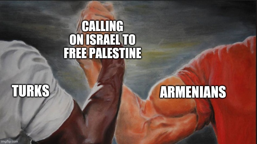 Black White Arms | CALLING ON ISRAEL TO FREE PALESTINE; TURKS; ARMENIANS | image tagged in black white arms | made w/ Imgflip meme maker