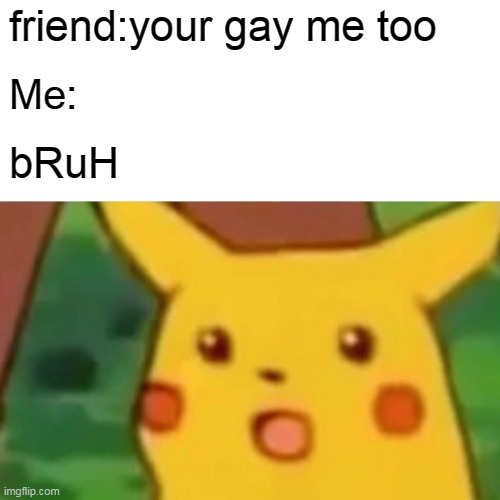 Surprised Pikachu | friend:your gay me too; Me:; bRuH | image tagged in memes,surprised pikachu | made w/ Imgflip meme maker