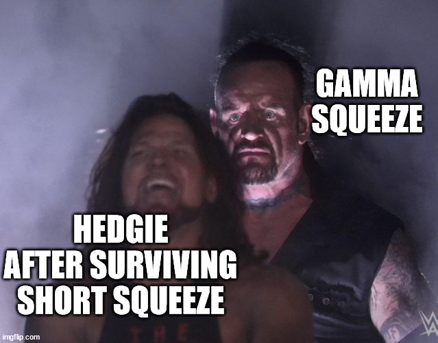 squeeze |  GAMMA SQUEEZE; HEDGIE AFTER SURVIVING SHORT SQUEEZE | image tagged in undertaker,gme,amc,gamma,squeeze | made w/ Imgflip meme maker