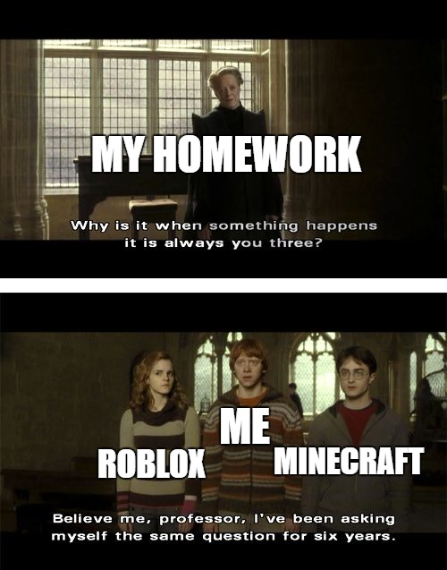 why when something happens it is always you three? | MY HOMEWORK; ME; MINECRAFT; ROBLOX | image tagged in why when something happens it is always you three | made w/ Imgflip meme maker