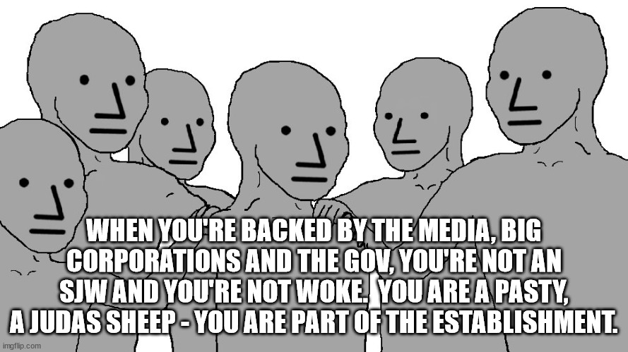 Dance like the puppets you are. | WHEN YOU'RE BACKED BY THE MEDIA, BIG CORPORATIONS AND THE GOV, YOU'RE NOT AN SJW AND YOU'RE NOT WOKE.  YOU ARE A PASTY, A JUDAS SHEEP - YOU ARE PART OF THE ESTABLISHMENT. | image tagged in npc wojack,woke,sjw,sheep | made w/ Imgflip meme maker