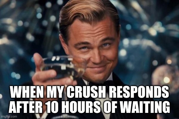 Leonardo Dicaprio Cheers Meme | WHEN MY CRUSH RESPONDS AFTER 10 HOURS OF WAITING | image tagged in memes,leonardo dicaprio cheers | made w/ Imgflip meme maker